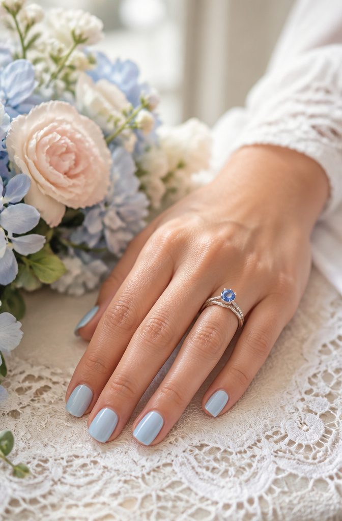 A manicured hand with robin's egg blue nails and a sapphire ring.