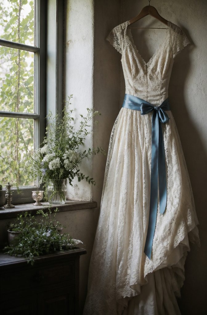 A vintage wedding dress with a blue ribbon hanging against a wall.