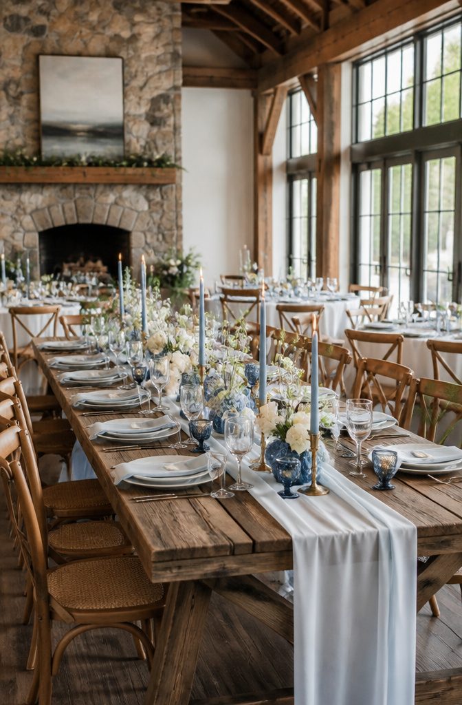 Blue taper candles on a table with white linens.