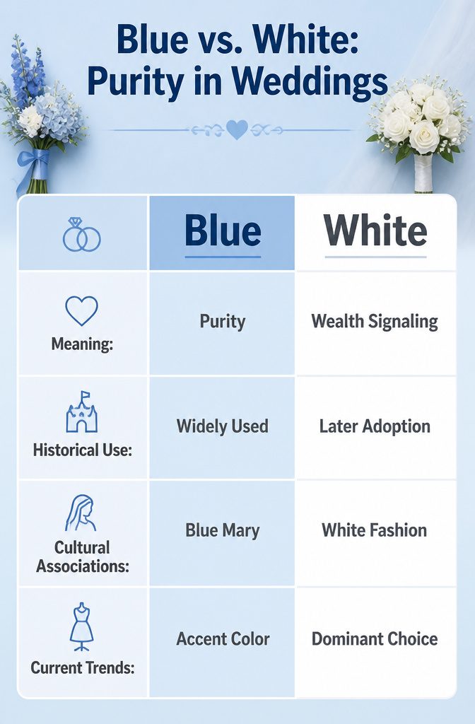 Text information comparing blue and white in wedding symbolism.
