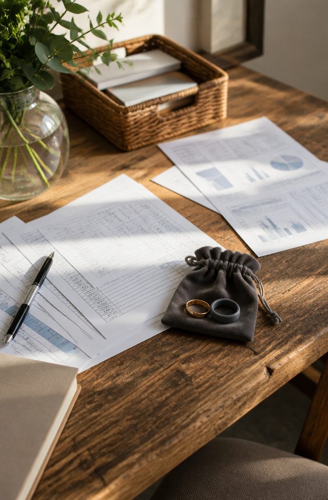 A wooden table with budget sheets and two wedding bands, gold and silicone.