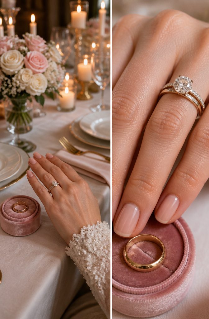 A hand with an engagement ring on the right hand before the wedding band is placed.