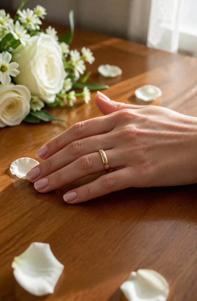 A hand displaying a gold wedding band on the fourth finger.