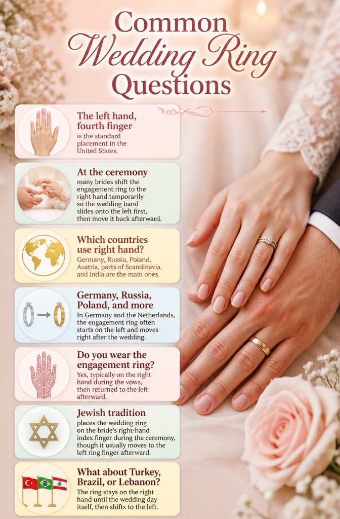 A list of common wedding ring questions related to placement and traditions.