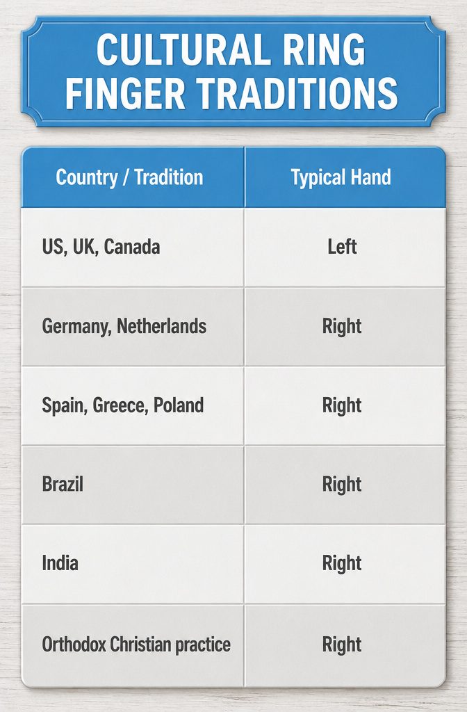 A chart showing cultural ring finger traditions in various countries.