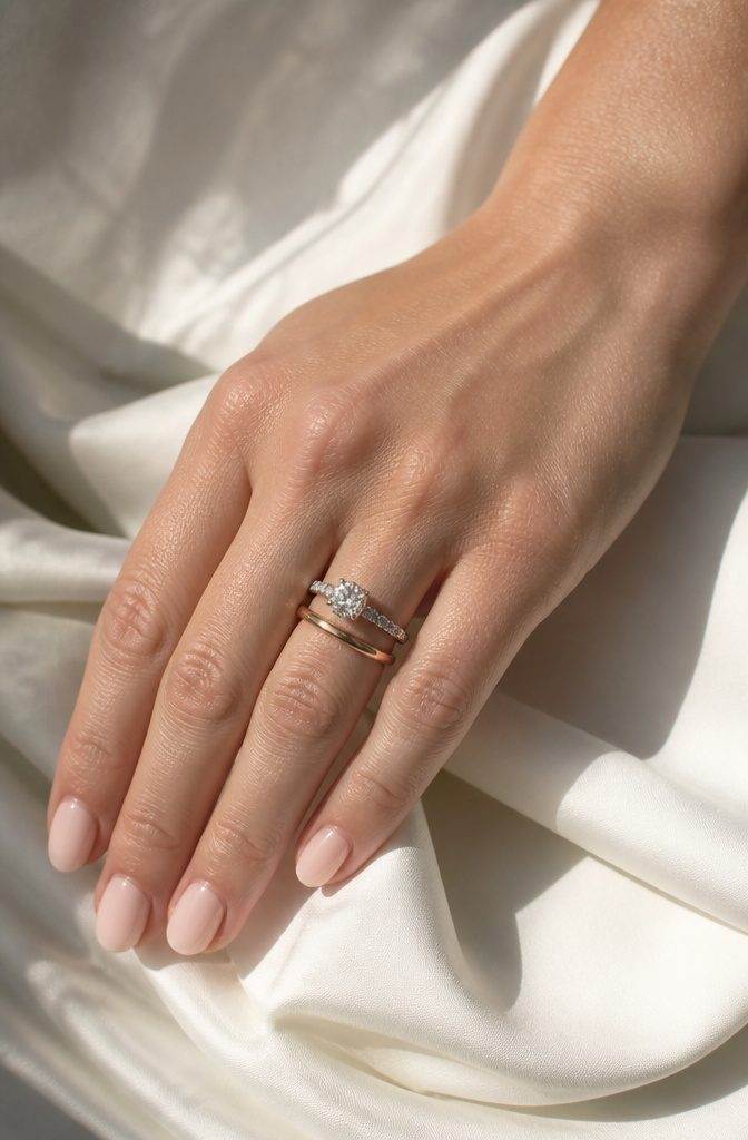 A hand displaying an engagement ring stacked above a wedding band.