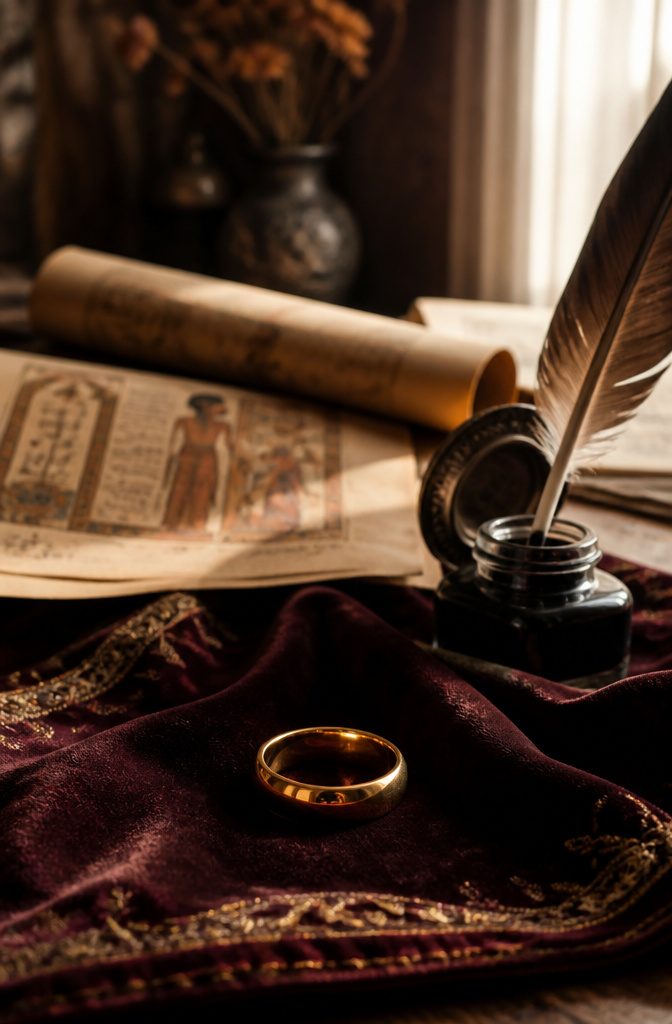 A gold wedding band on a dark velvet cloth with parchments in the background.