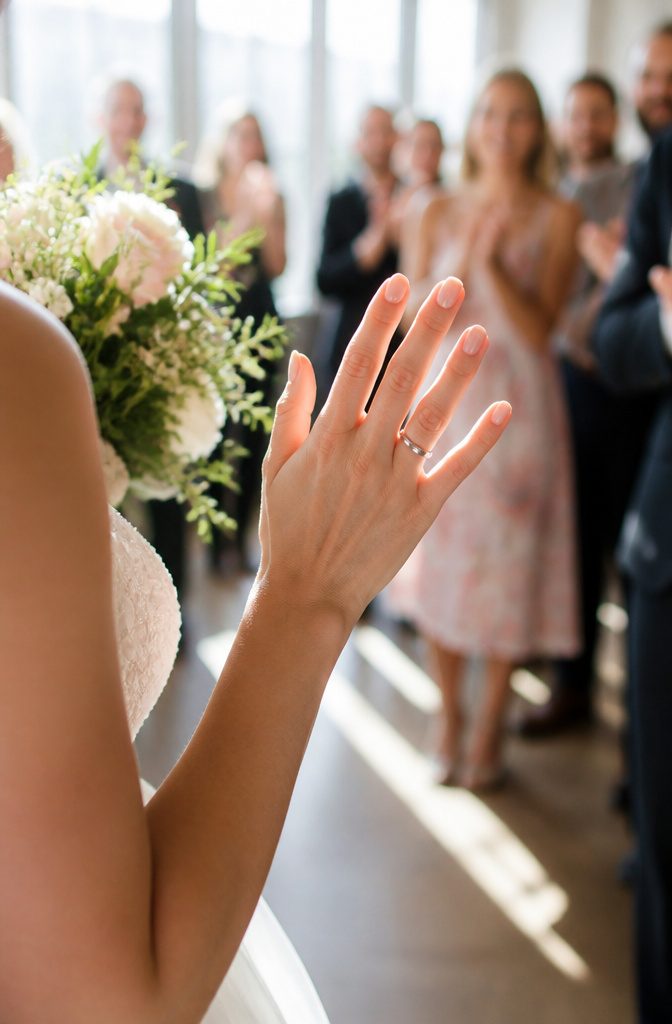 A bride's hand with a wedding band on the right finger at her wedding.
