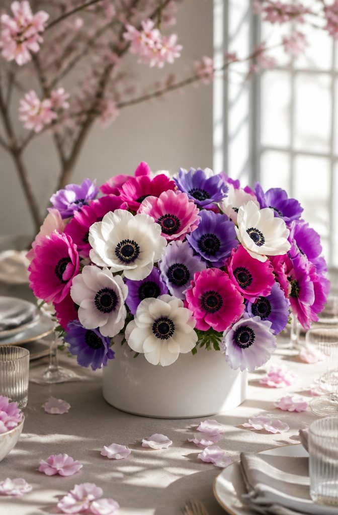 Popular Wedding Flowers for Bouquets, Centerpieces and Arrangements 11 A bouquet of anemones with contrasting dark centers.