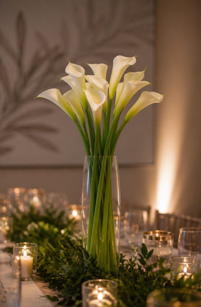 Popular Wedding Flowers for Bouquets, Centerpieces and Arrangements 7 A collection of white calla lilies in a tall vase.