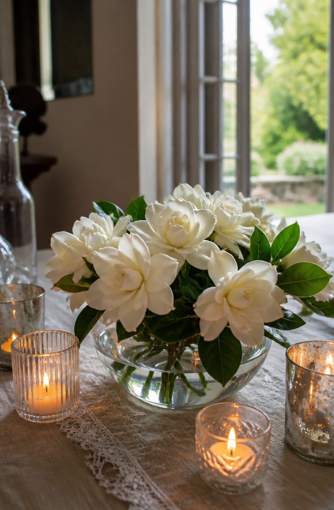 Popular Wedding Flowers for Bouquets, Centerpieces and Arrangements 9 A low glass bowl filled with delicate gardenia blooms.