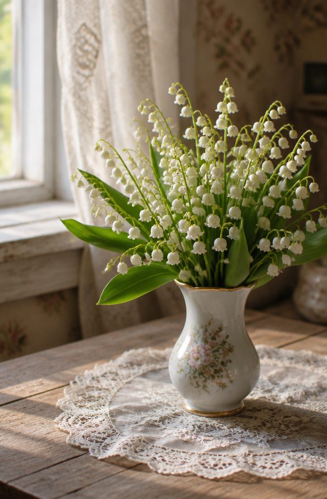 Popular Wedding Flowers for Bouquets, Centerpieces and Arrangements 15 A cluster of white lilies of the valley in a vase.