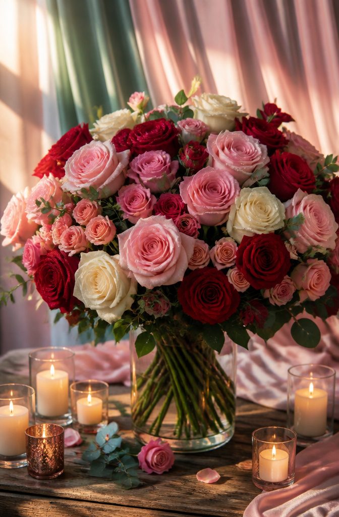 Popular Wedding Flowers for Bouquets, Centerpieces and Arrangements 3 A large glass vase filled with multicolored roses.