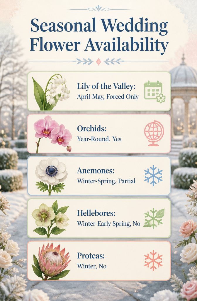 Popular Wedding Flowers for Bouquets, Centerpieces and Arrangements 16 A chart showing seasonal flower availability for weddings.