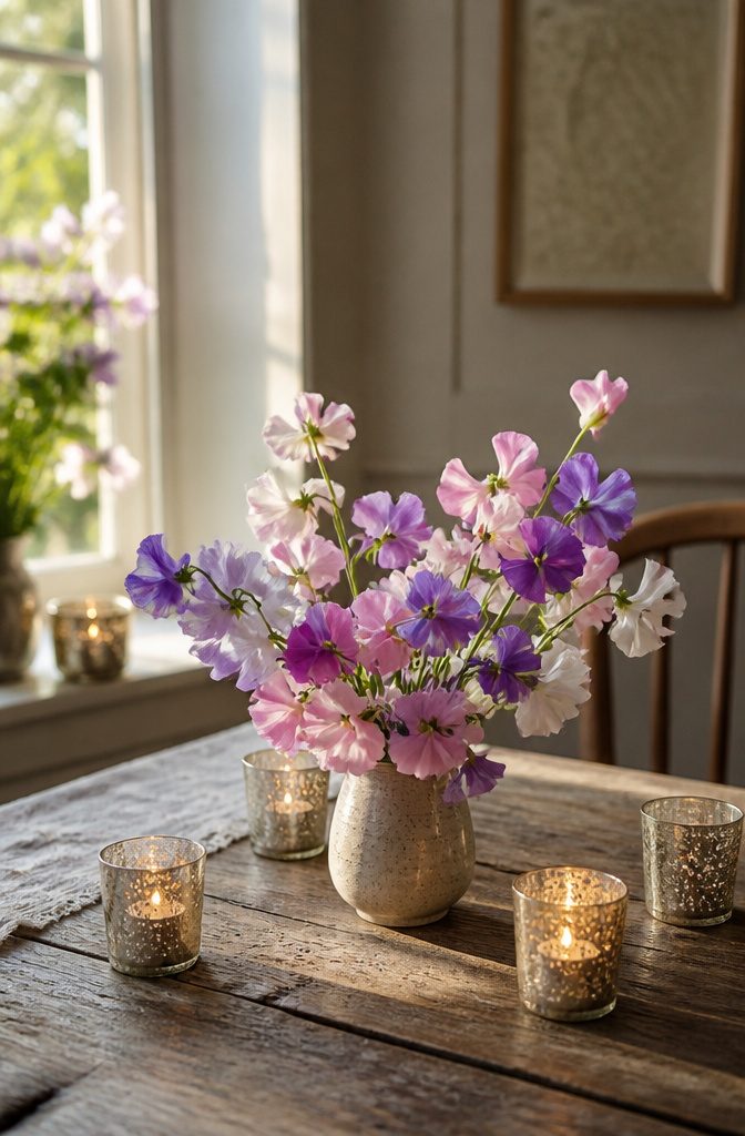 Popular Wedding Flowers for Bouquets, Centerpieces and Arrangements 10 A small vase containing pastel sweet peas.