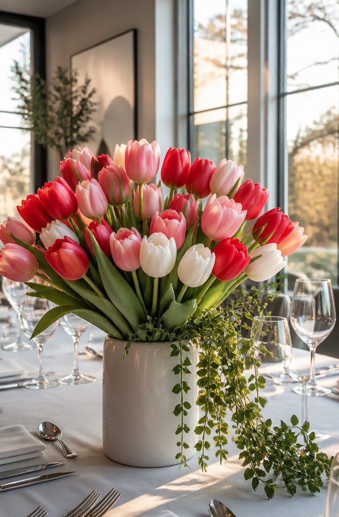 Popular Wedding Flowers for Bouquets, Centerpieces and Arrangements 6 A bouquet of colorful tulips arranged in a vase.