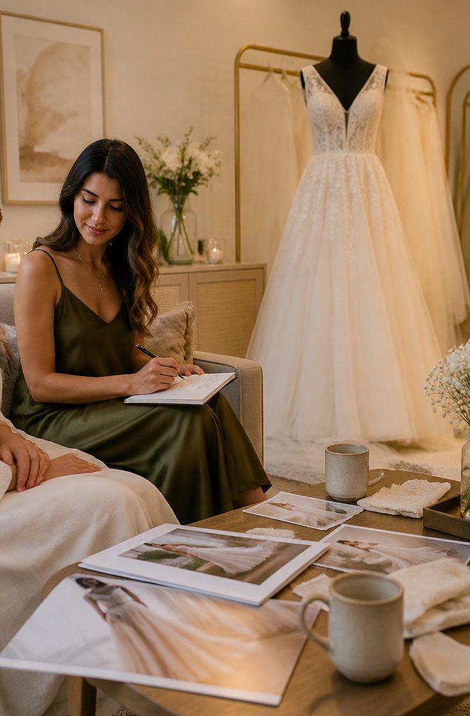 What Is a Maid of Honor in a Wedding? Duties, Costs & Role 3 A maid of honor seated next to a bride in a bridal salon.