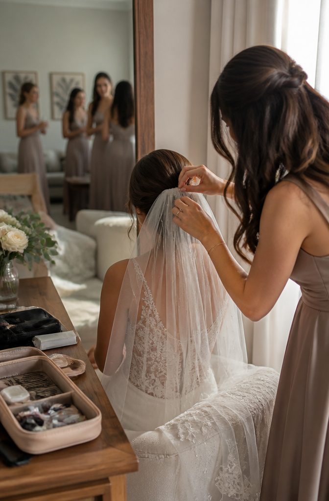 What Is a Maid of Honor in a Wedding? Duties, Costs & Role 7 A maid of honor adjusting the bride's veil in a getting-ready suite.
