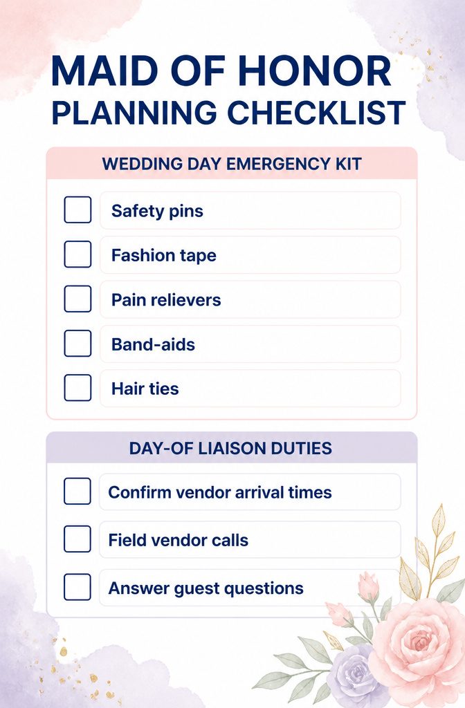 What Is a Maid of Honor in a Wedding? Duties, Costs & Role 6 An information image titled 'Maid of Honor Planning Checklist'.