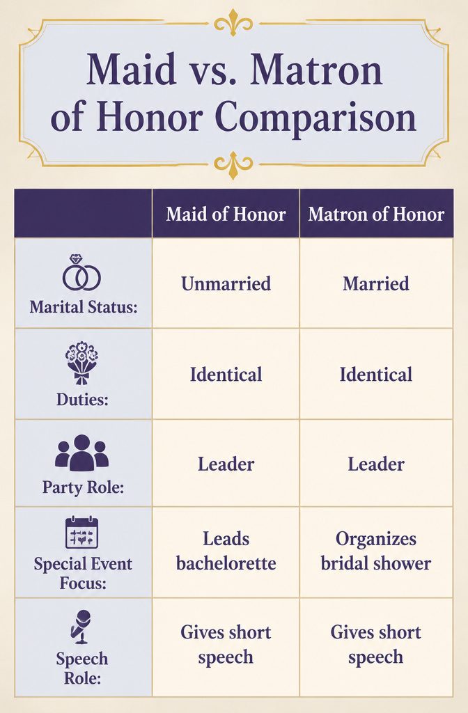 What Is a Maid of Honor in a Wedding? Duties, Costs & Role 9 Information image titled 'Maid vs. Matron of Honor Comparison'.