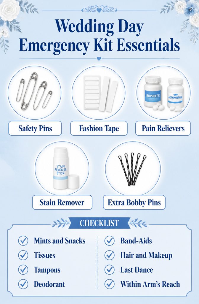 What Is a Maid of Honor in a Wedding? Duties, Costs & Role 12 An information image titled 'Wedding Day Emergency Kit Essentials'.