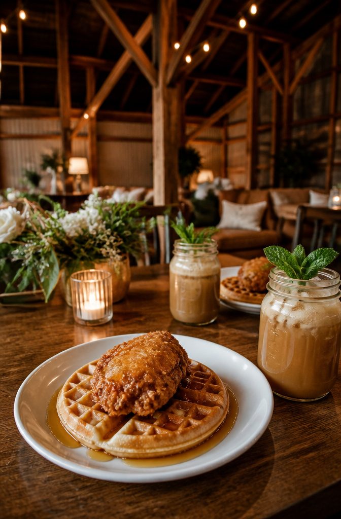 7 Best Wedding Food Ideas for 2026 Receptions 6 A plated dish of chicken and waffles with syrup.