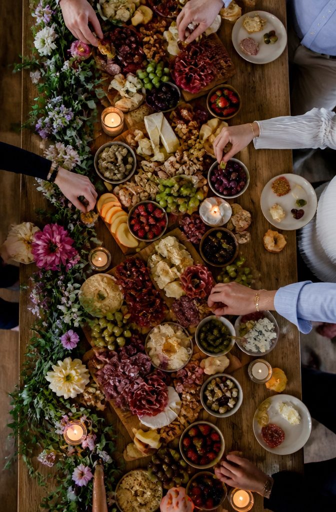 7 Best Wedding Food Ideas for 2026 Receptions 4 A grazing table featuring meats, cheeses, fruits, and vegetables.