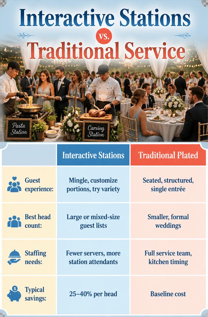 7 Best Wedding Food Ideas for 2026 Receptions 10 A chart showing differences between interactive and traditional dining.