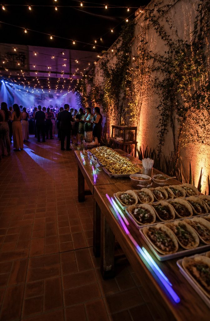7 Best Wedding Food Ideas for 2026 Receptions 8 A late-night snack station featuring tacos and mini burgers.