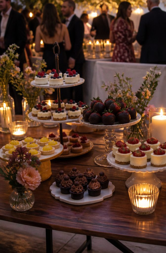 7 Best Wedding Food Ideas for 2026 Receptions 7 An array of mini desserts displayed on tiered stands.