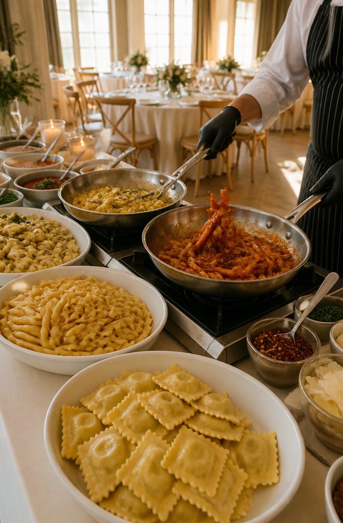 7 Best Wedding Food Ideas for 2026 Receptions 3 A pasta station with skillets, various pasta shapes, and sauces.