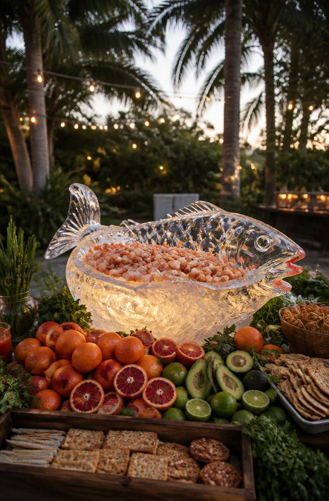 7 Best Wedding Food Ideas for 2026 Receptions 12 A seafood cocktail station with shrimp and an ice sculpture.