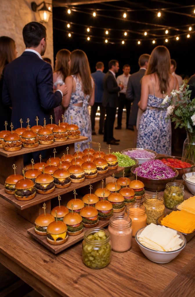 7 Best Wedding Food Ideas for 2026 Receptions 5 A slider station displaying mini-burgers and decorative jars.