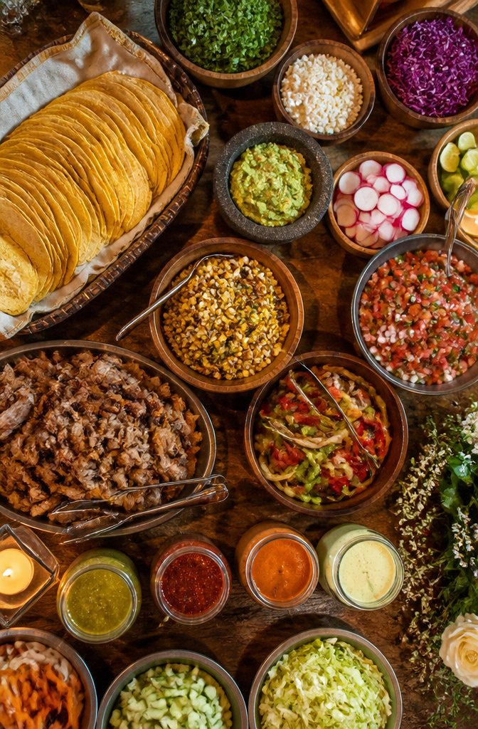 7 Best Wedding Food Ideas for 2026 Receptions 2 A taco bar with corn tortillas, meats, and various toppings.