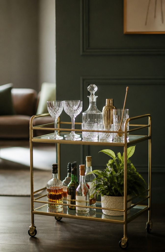 Bar cart with various items, positioned against a wall.
