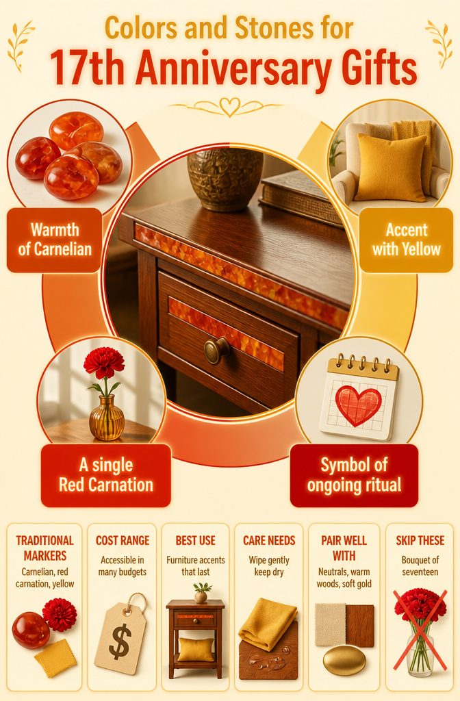 Graphic detailing carnelian, red carnation, and yellow for anniversaries.
