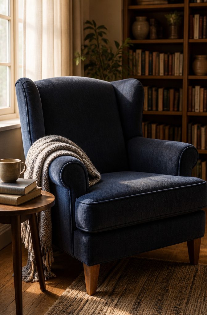 Single reading chair with a cozy design, suitable for relaxation.