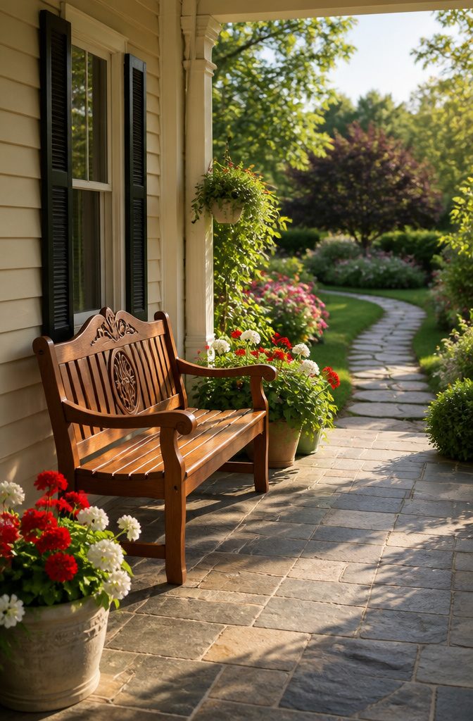 Personalized wooden bench with engraved initials in a garden.