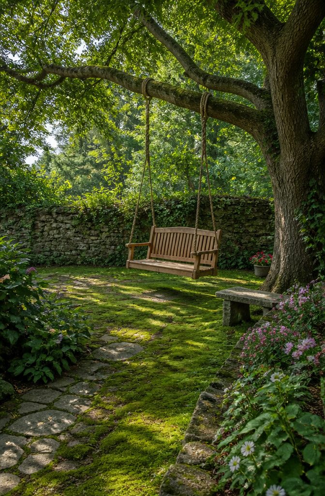 Outdoor garden swing set among trees in a backyard.
