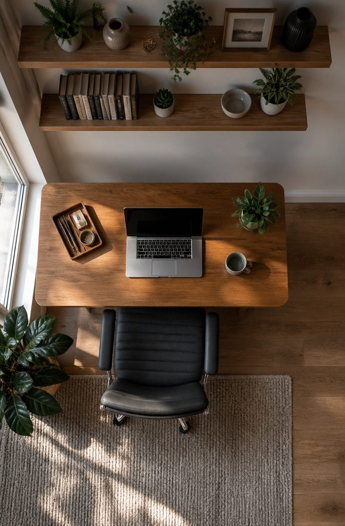 Custom desk in a home office, accommodating two workspaces.