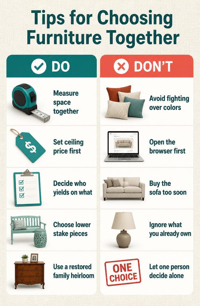 Informational graphic with tips for selecting furniture as a couple.