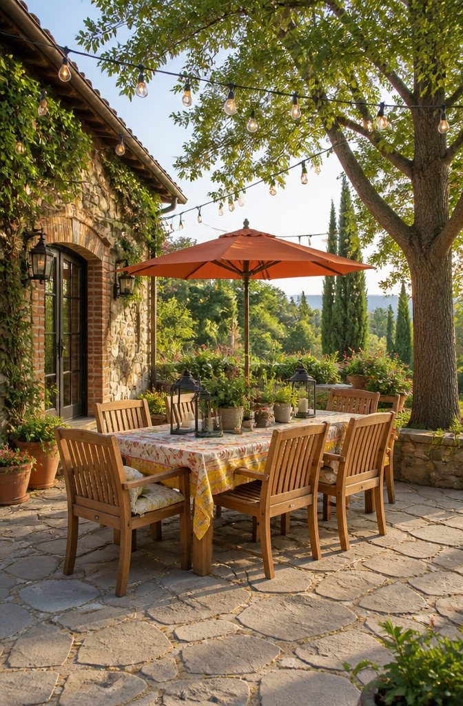 Outdoor dining set with table and chairs arranged on a patio.