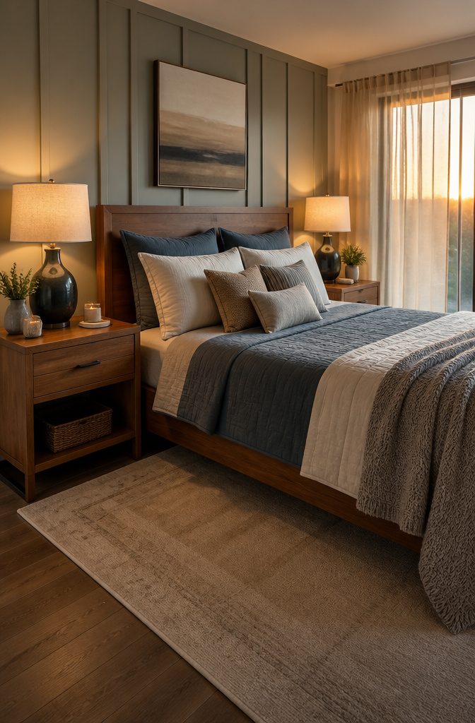 Two bedside tables with engravings beside a neatly made bed.