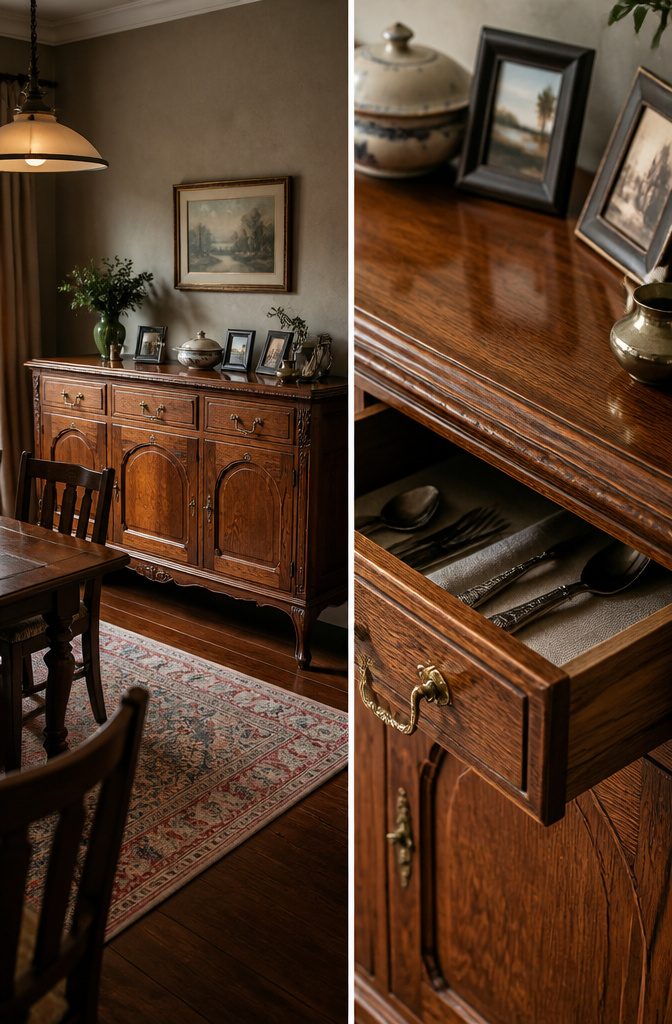 Restored wooden sideboard with a family history backdrop.