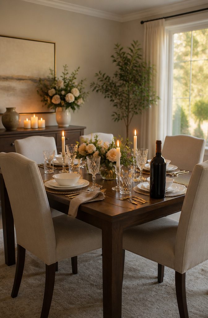 Dining room with a new set, candles, and floral arrangements.