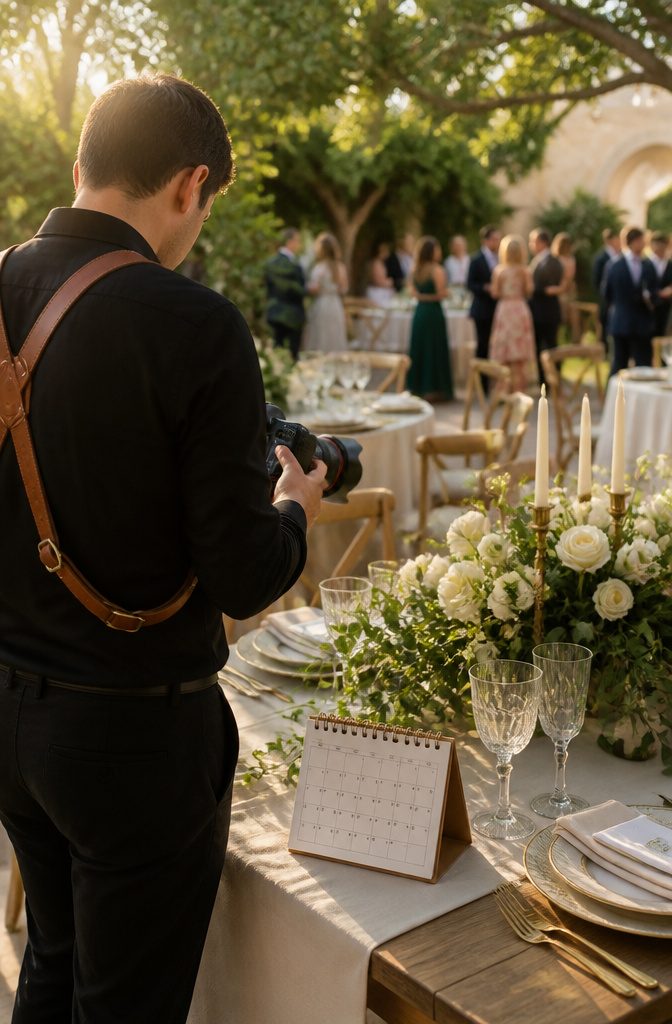 11 Questions to Ask Your Wedding Photographer in 2026 2 A photographer stands at a wedding venue with a calendar nearby.