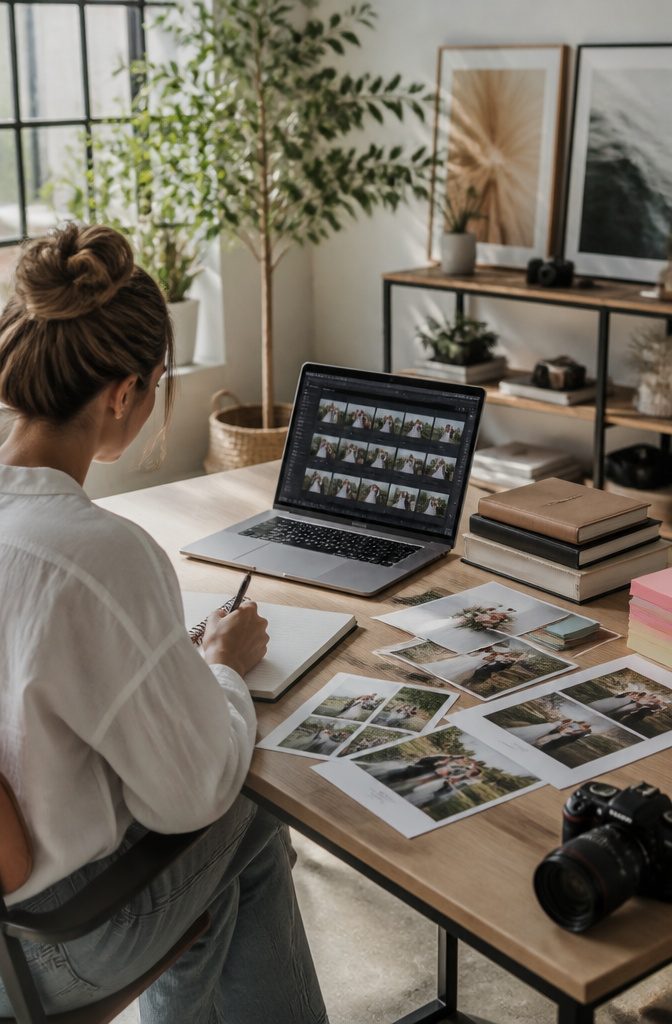 11 Questions to Ask Your Wedding Photographer in 2026 9 A photographer at a desk with proofs and a laptop showing timelines.