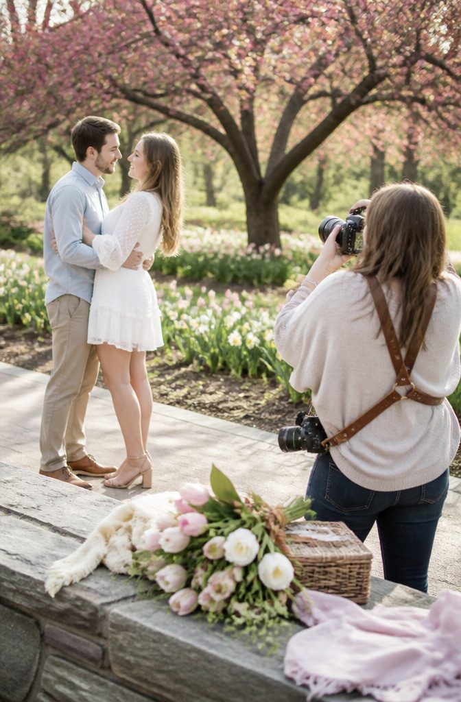 11 Questions to Ask Your Wedding Photographer in 2026 8 An engaged couple laughing during a photo session in a park.