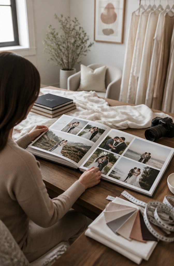 11 Questions to Ask Your Wedding Photographer in 2026 16 A photographer looks through a portfolio of couples with various body types.