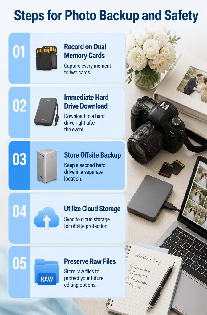 11 Questions to Ask Your Wedding Photographer in 2026 13 A photographer discusses photo backup processes at a desk.